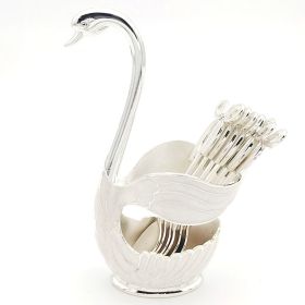 1pc Coffee Dessert Spoons Set; Swan Base Holder Coffee Spoons Set With 6 Forks Spoons Creative Metal Coffee Dessert Spoon Set For Coffee Dessert (Items: Spoon, Color: Silvery)