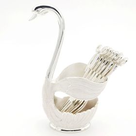 1pc Coffee Dessert Spoons Set; Swan Base Holder Coffee Spoons Set With 6 Forks Spoons Creative Metal Coffee Dessert Spoon Set For Coffee Dessert (Items: Fork, Color: Silvery)